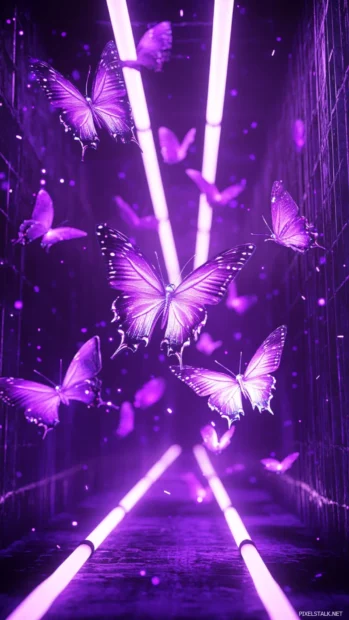 Cute neon purple sparkle effect, Aesthetic butterflies flying in purple neon beams.