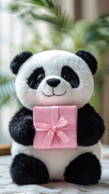Cute panda plush holding a Pink Girly gift box.