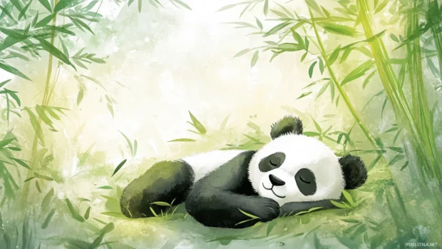 Cute panda resting in bamboo forest, softly illustrated with watercolor style.