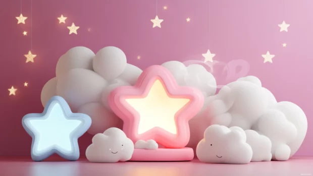 Cute pastel aesthetic with fluffy white clouds and twinkling stars.