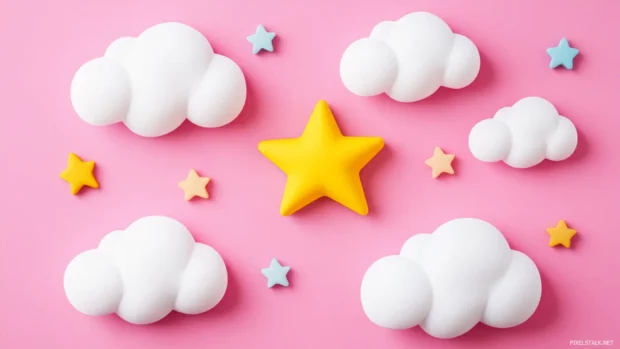 Cute pastel aesthetic with fluffy white clouds and twinkling stars.