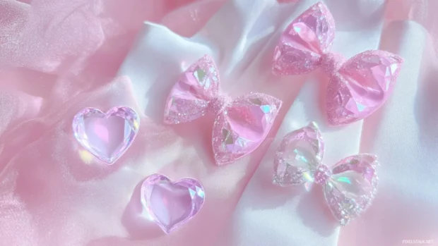 Cute pastel pink aesthetic with hearts, bows, and delicate sparkles.