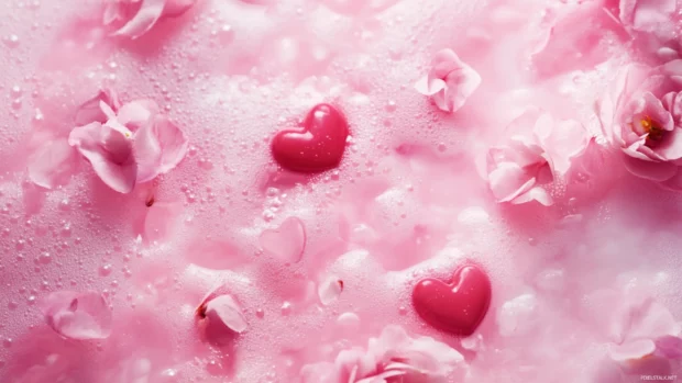 Cute pastel pink background with floating hearts and soft sparkles.