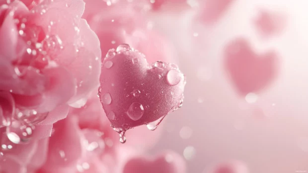 Cute pastel pink background with floating hearts and soft sparkles.