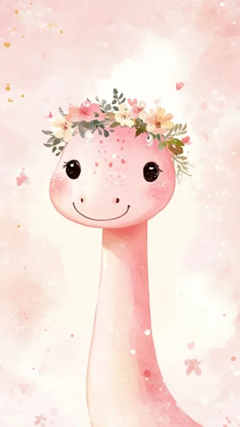 Cute pastel pink dinosaur with a tiny flower crown and blushing cheeks.