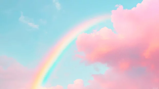 Cute pastel rainbow arching over fluffy white clouds with sparkles.