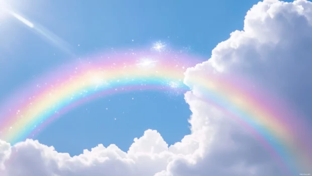 Cute pastel rainbow arching over fluffy white clouds with sparkles.