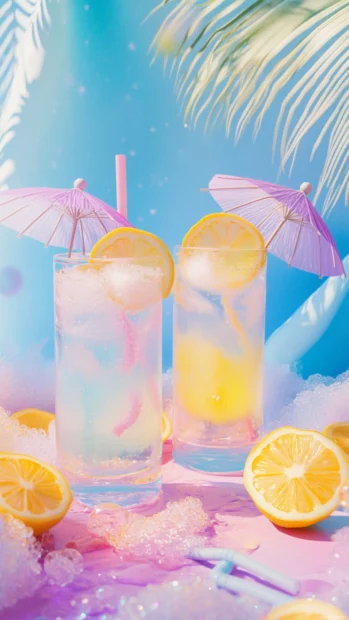 Cute pastel summer drinks with tiny umbrellas and lemon slices, tropical vibe.