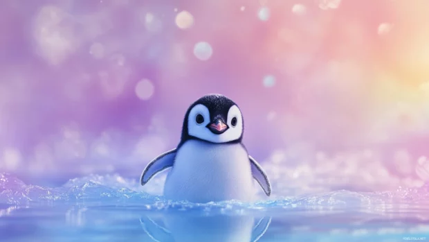 Cute penguin sliding on pastel ice.
