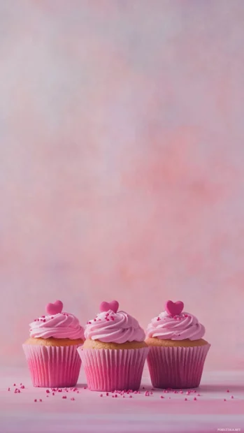 Cute pink cupcakes with heart sprinkles on a pastel background.