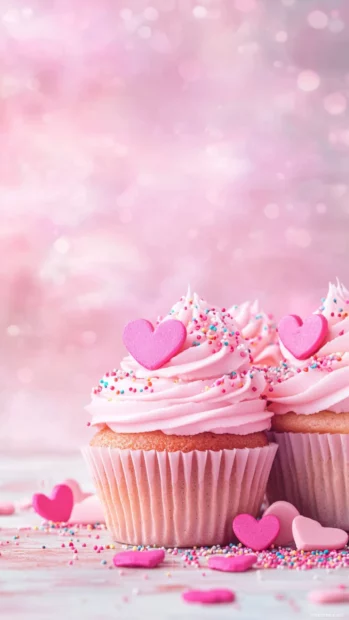 Cute pink cupcakes with heart sprinkles on a pastel background.