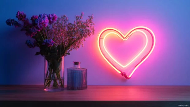 Cute pink neon heart sign glowing in a dreamy pastel room setting.