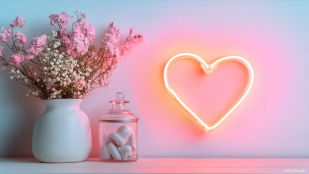 Cute pink neon heart sign glowing in a dreamy pastel room setting.