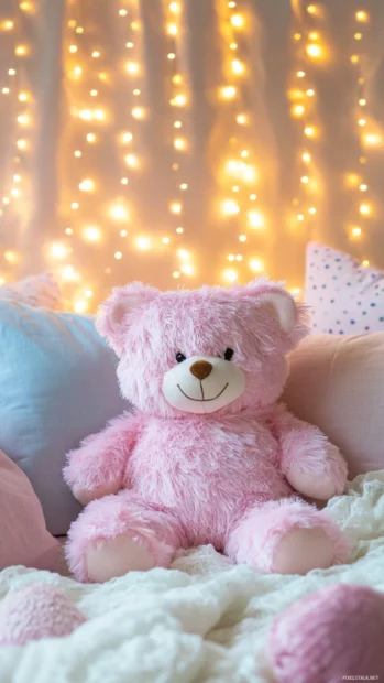 Cute pink plush teddy bear surrounded by fairy lights and soft pillows.