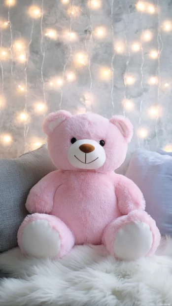 Cute pink plush teddy bear surrounded by fairy lights and soft pillows.