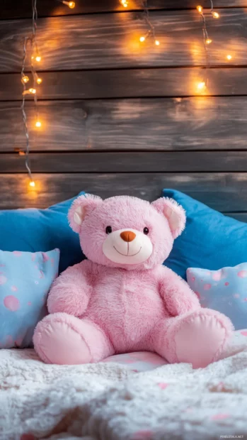 Cute pink plush teddy bear surrounded by fairy lights and soft pillows.