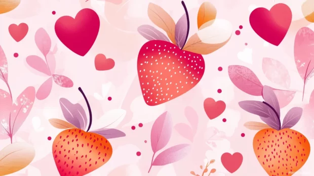 Cute pink strawberries, blush hearts, delicate leaves, soft polka dots, pastel pink background.