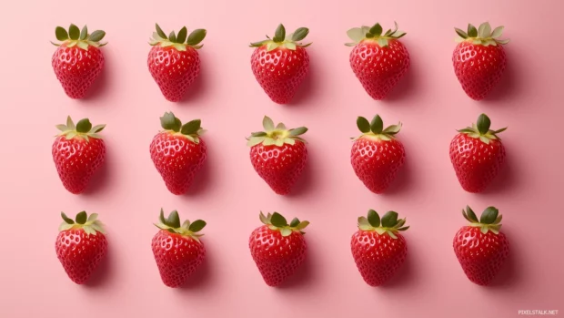 Cute pink strawberries with soft pastel accents and tiny white dots in a repeating geometric pattern, light pink background with a subtle texture, Simple lines.