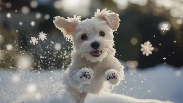 Cute puppy bounces through snowflakes on a crisp winter morning.