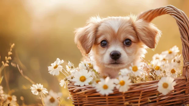 Cute puppy peeks from a basket filled with flowers, bathed in soft golden light.