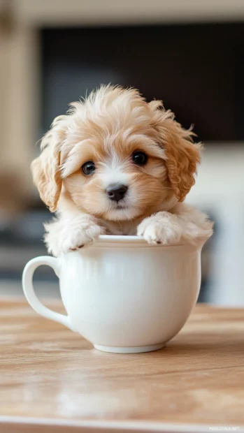 Cute puppy sits inside a teacup placed on a wooden counter.