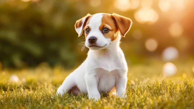 Cute puppy sitting on a grassy field during golden hour, perfect for dog lovers looking for a high resolution puppy wallpaper.