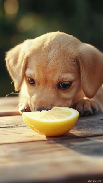 Cute puppy sniffs gently at a lemon slice on the picnic table.