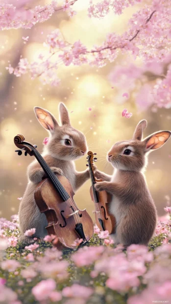 Cute rabbit band playing music in flower field.