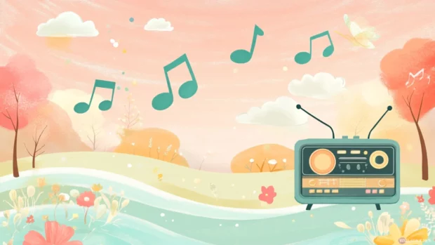Cute radio and music notes in a soft dreamy landscape inspired by Aesthetic music illustration background.