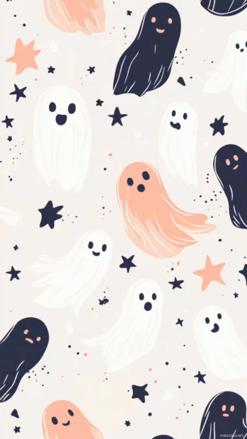 Cute retro Halloween wallpaper for iPhone with pastel ghosts and stars.