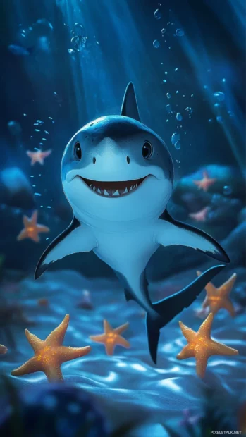 Cute shark doing somersaults with smiling sea stars.