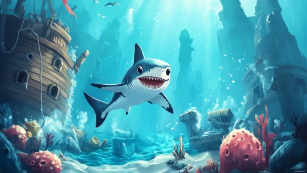 Cute shark playing hide and seek in a sunken pirate ship.