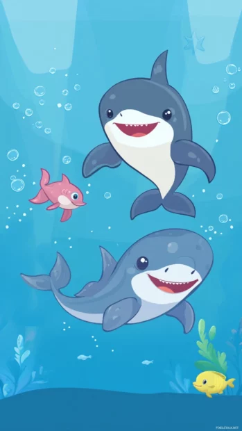 Cute shark wallpaper featuring cartoon shark and dolphin friends playing.