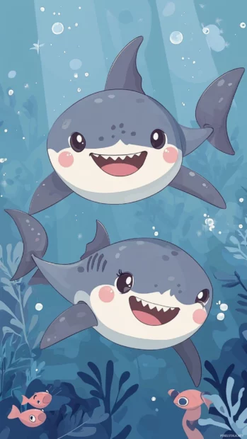 Cute shark wallpaper for kids with smiling shark family under pastel sea.