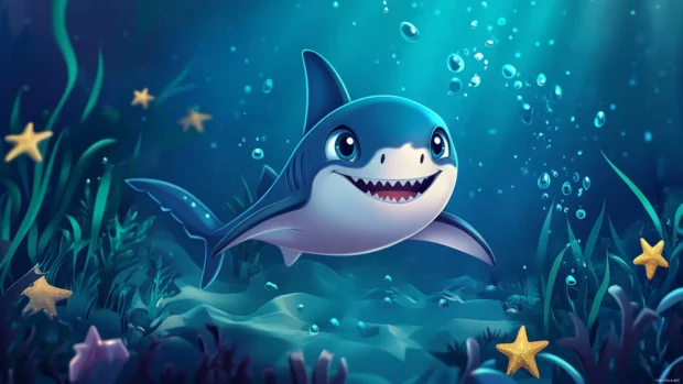 Cute shark wallpaper showing cartoon shark swimming with sea stars.