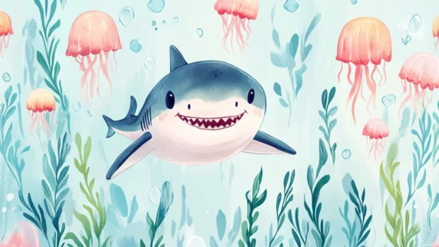 Cute shark wallpaper with seaweed pattern and floating jellyfish.