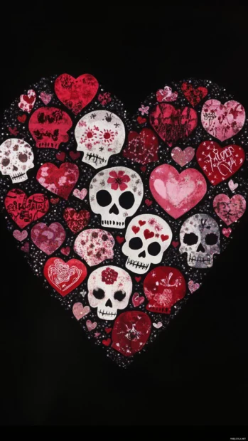 Cute skull cluster in heart shape repeating with sparkles.