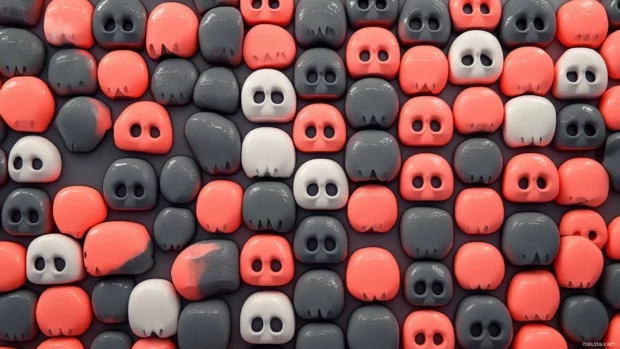 Cute skull emoji style tiles in alternating coral and grey.