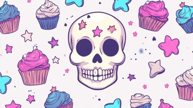 Cute skull head surrounded by stars and cupcakes in simple tiles.