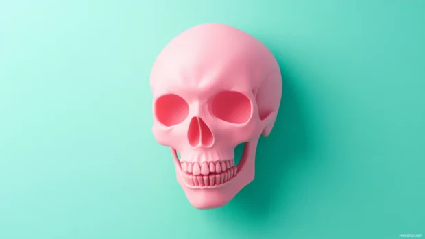 Cute skull in flat pink tones floating on a mint green background.