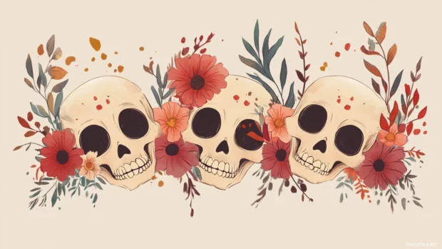 Cute skull wallpaper aesthetic with floral wreaths and cartoon expressions.