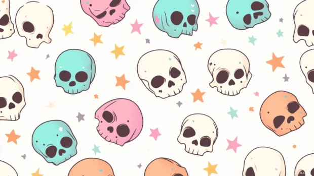 Cute skull wallpaper in kawaii style, designed as seamless tile pattern.