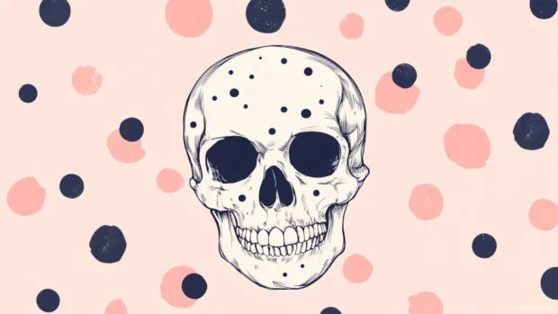 Cute skull wallpaper with polka dot background and soft vector lines.