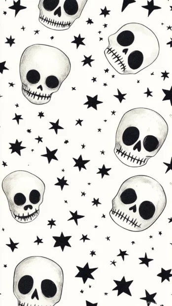 Cute skull wallpaper with tiny hearts and stars on repeating tile background.