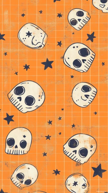 Cute skulls and stars scattered over faded orange grid.