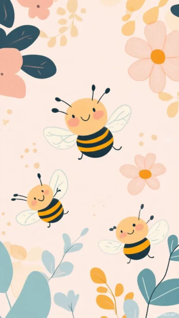 Cute smiling bees flying over pastel flowers and leaves.