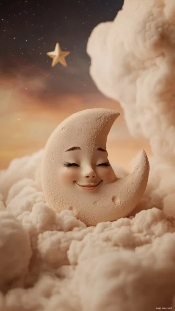 Cute smiling moon and stars floating in a dreamy pink night sky.