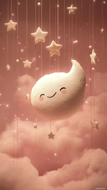 Cute smiling moon and stars floating in a dreamy pink night sky.