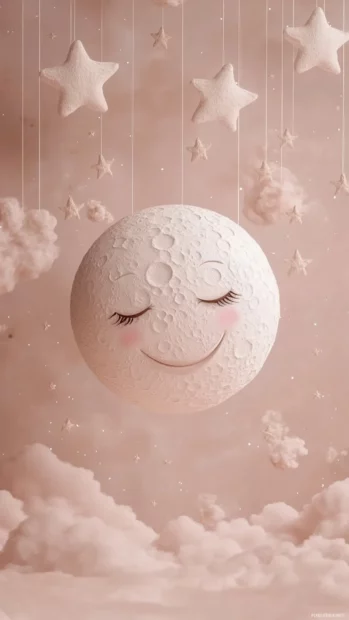 Cute smiling moon and stars floating in a dreamy pink night sky.