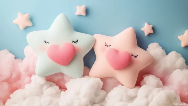 Cute stars holding tiny hearts among dreamy clouds.